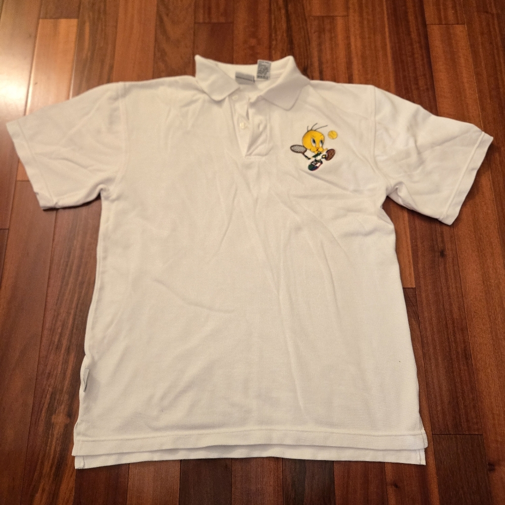 90s White Polo Shirt Tweety Bird Looney Tunes Embroidery Classic Cartoon Small